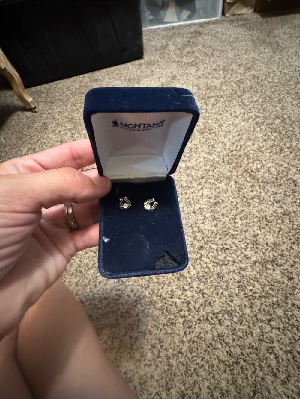 Montana Silversmiths Silver Horseshoe Stud Earrings in Navy Box